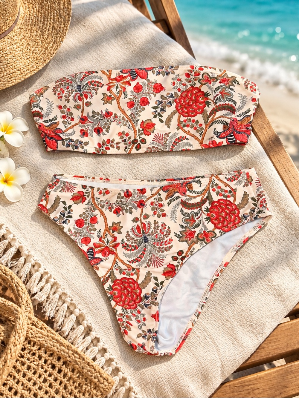 SHEIN Cream Bandeau Bikini Set with Red Floral Print